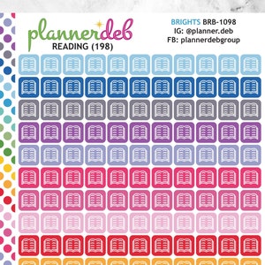 May include: A sheet of colorful stickers with an open book icon. The stickers are arranged in rows and columns, with each row featuring a different color. The colors include red, orange, yellow, green, blue, purple, and pink. The stickers are designed for use in planners and journals.