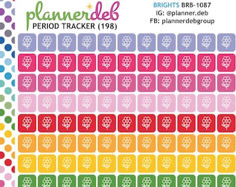 May include: A sheet of 198 colorful period tracker stickers with a honeycomb design. The stickers are arranged in rows of 10, with each row featuring a different color. The colors include red, orange, yellow, green, blue, purple, and pink.