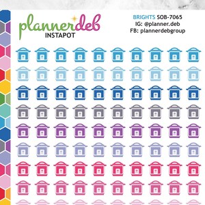 Puede incluir: Una hoja de pegatinas de colores con un diseño repetido de una pequeña casa con un contorno blanco. Las pegatinas están dispuestas en filas de 8, cada fila con un color diferente. Los colores incluyen azul, gris, morado, rosa, rojo, naranja, amarillo, verde, turquesa y negro.