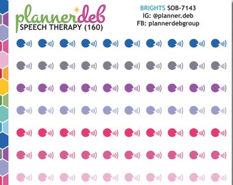May include: A sheet of 160 colourful speech therapy stickers with a sound wave icon. The stickers are arranged in rows of 8, with each row featuring a different colour. The colours include red, orange, yellow, green, blue, purple, pink, and black.
