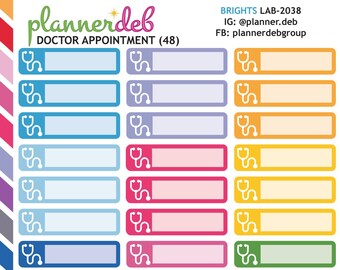 May include: A sheet of 48 colorful doctor appointment stickers with a stethoscope icon. The stickers are rectangular and have a white border. The text "plannerdeb" and "DOCTOR APPOINTMENT (48)" is printed at the top of the sheet.