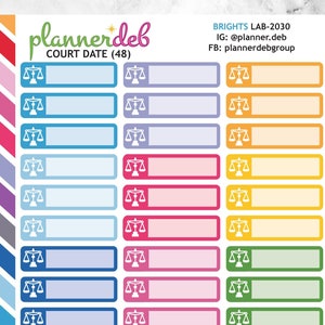 Puede incluir: Una hoja de 48 pegatinas de planificador coloridas con un icono de balanza de la justicia. Las pegatinas están diseñadas para usar en un planificador o diario para marcar las fechas de los tribunales.