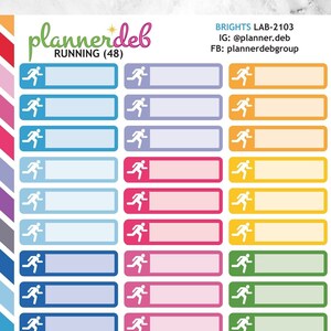 May include: A sheet of 48 colorful running themed planner stickers. Each sticker features a white running person icon and a blank rectangular space for writing. The stickers are arranged in rows of three, with each row featuring a different color.