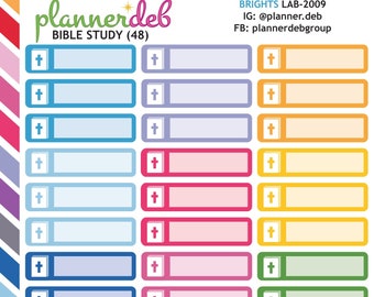 May include: A sheet of 48 colourful Bible study stickers with a cross symbol and blank rectangular spaces for writing. The stickers are arranged in 8 rows of 6 stickers each. The stickers are on a white background with a colourful striped border.