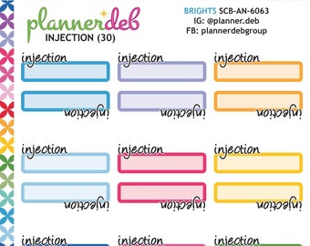 May include: A sticker sheet featuring thirty rectangular labels in various colors, each labeled with the word injection. The left border has a colorful geometric pattern. Text includes plannerdeb, INJECTION (30), BRIGHTS SCB-AN-6063, IG: @planner.deb, and FB: plannerdebgroup.