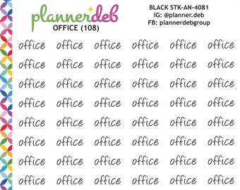 Peut inclure: Une feuille d'autocollants pour planificateur avec une bordure colorée et le mot "office" répété plusieurs fois dans une police d'écriture manuscrite. Le texte "BLACK STK-AN-4081", "IG: @planner.deb", "FB: plannerdebgroup", "OFFICE (108)", et "FOUR Typefaces *AN *CL *ES *MO" est également inclus sur la feuille.