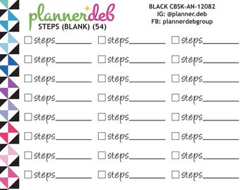 Peut inclure: Une page de planificateur imprimable avec une bordure de motif géométrique coloré. La page est intitulée "Steps (Blank) (54)" et comporte 20 rangées de cases à cocher avec des lignes vierges pour écrire des étapes. Le texte "BLACK CBSK-AN-12082" se trouve dans le coin supérieur droit de la page. Le texte "IG: @planner.deb" et "FB: plannerdebgroup" se trouve sous le titre. Le texte "FOUR Typefaces *AN *CL *ES *MO" se trouve dans le coin inférieur droit de la page.