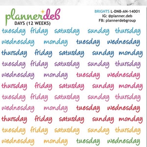 DAY NAMES Planner Stickers pour Erin Condren Planner, Daily Duo, Happy Planner, Plum Planner, A5 Planner, BuJo, L-DNB-14001, 4 polices de caractères