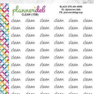 Puede incluir: Una hoja de pegatinas de planificador coloridas con la palabra "clean" repetida varias veces en escritura cursiva negra. Las pegatinas están diseñadas para ser utilizadas para organizar y planificar.