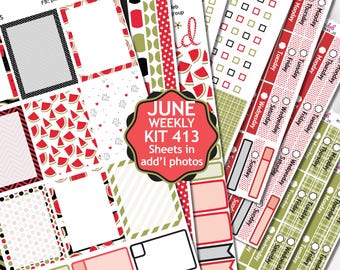 June/Watermelon Kit 413 Weekly Planner Stickers are perfect for Erin Condren Planner, Daily Duo, Happy Planner, Plum Planner, Bullet Journal