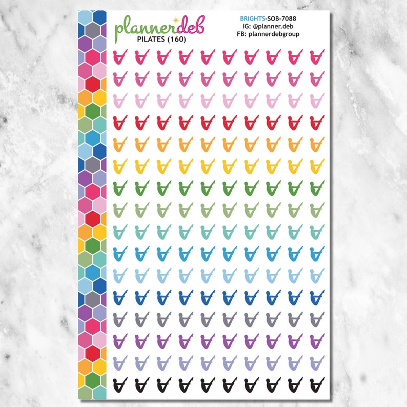 May include: A sheet of colorful stickers featuring 160 pilates poses. The stickers are arranged in rows of 10, with each row featuring a different color. The colors include red, pink, orange, yellow, green, blue, light blue, gray, purple, and black.