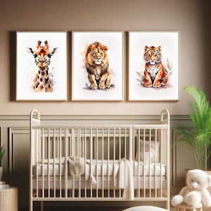 Impressions d'art murales pour chambre de bébé Safari, décoration de chambre d'enfant, lot de 5 décorations d'animaux de la jungle, estampes bohèmes, oeuvre d'art, lion, girafe, aquarelle, chambre de bébé d'enfant