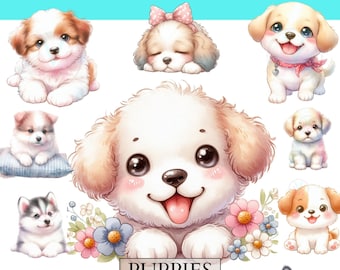 Watercolor Puppies Clipart, cute Puppy Clipart, Adorable Puppies, PNG Graphics, DOG CUTE, puppies clip art Clipart Bundle for Commercial Use