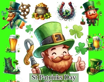 St Patricks Day Clipart, DIGITAL Download, Watercolor, 4 Leaf Clover, beer, Leprechaun Clip Art Rainbow Pot of Gold Irish Commercial Use PNG
