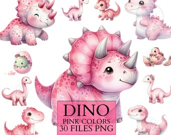 May include: Watercolor clipart featuring various pink dinosaurs, including a triceratops, a long-necked dinosaur, and baby dinosaurs. The image includes text that reads "DINO PINK COLORS 30 FILES PNG watercolor clipart".