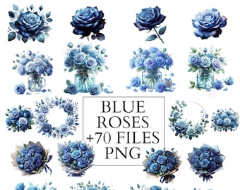 Blue Watercolor Roses Clipart blue roses and leaves in PNG roses in vase blue roses bouquet  wedding bouquet png blue flowers commercial use