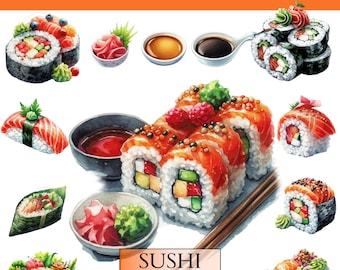 Watercolor sushi clipart, 70 PNG, Delicious sushi roll, clipart sea food, sushi master Scrapbooking, Sushi restaurant, Commercial Use Sushi