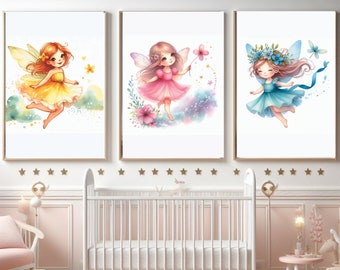 Fairy Wall Art, Set of 3, Watercolor Fairy Nursery Print Art, Fairy Art-Baby Shower Gift, Girl's Room Decor, Enchanted Nursery Fairy prints