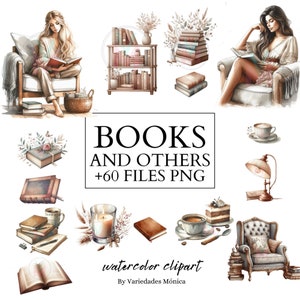 Aquarelle de livre clipart, clipart femme lisant, fille lisant, tasse de café et livre, png de fauteuil, clipart livres, amoureux des livres, usage commercial