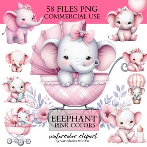 Clipart acquerello carino di ELEFANTE rosa, Baby Shower girl rosa PNG Baby Elephants PNG Creazione di biglietti d'auguri di alta qualità, Decorazioni per la cameretta dei bambini