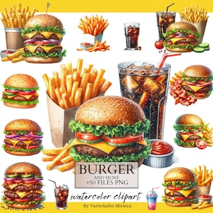 Burger Clipart Fries Clipart Voedsel Clipart Kaas Hamburger PNG Fast Food Clipart PNG Burger PNG Fries Commercieel gebruik Clip art aquarel png
