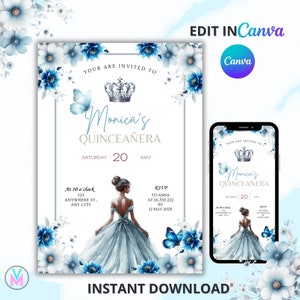 Principessa Quinceanera Blu argento Invito di compleanno Modificabile Eleganti farfalle floreali Ragazza messicana quinceañera dolce 16 Mis XV Quince
