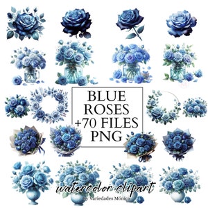 Blue Watercolor Roses Clipart blue roses and leaves in PNG roses in vase blue roses bouquet  wedding bouquet png blue flowers commercial use