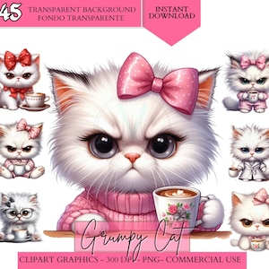 Clipart chat café grincheux, 47 modèles, grincheux Kitty, chat en colère, mug chat clipart imprimable, chat du matin grincheux, sans fond pour toute utilisation commerciale