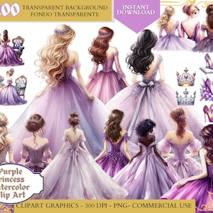 Purple Princess Clipart, vestido lila Quinceañera, clip art de acuarela, dama de honor, vestido Sweet Sixteen, descarga instantánea de uso comercial