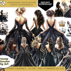 Acuarela Princesa Clipart-Vestido Negro clip art Dama de honor-Quinceañera Vestido Negro png, Dulce Dieciséis Vestido-descarga instantánea uso comercial