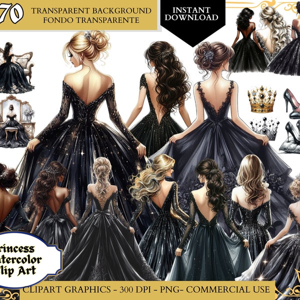 Watercolor Princess Clipart-Black Dress clip art Bridesmaid-Quinceañera Black Dress png, Sweet Sixteen Dress-instant download commercial use