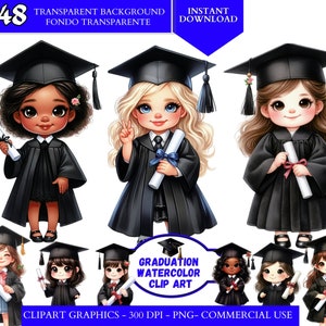 Tappo di laurea bambini Clipart cappello di laurea nero PNG educativo Clipart acquerello laureato Clipart prescolare laurea ragazze laureate