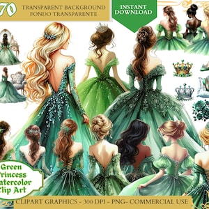 Green Quinceañera png Dress Green Princess Clipart watercolor clip art Bridesmaid Sweet Sixteen Dress quinceanera png clipart commercial use