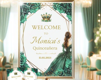 Quinceanera Welcome Sign, Tiara Princess Green and gold, Mis Quince Guest Poster EDITABLE Template, Printable Instant Download sweet sixteen
