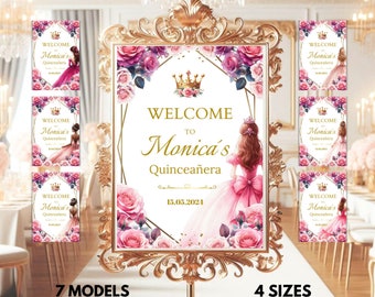 Quinceanera Welcome Sign, Princess Pink, Quinceañera Mis Quince Anos Poster EDITABLE Template, Printable Instant Download sweet sixteen Pink