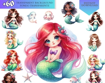 Könnte beinhalten: Ein Set digitaler Clipart-Bilder mit niedlichen Cartoon-Meerjungfrauen mit verschiedenen Haarfarben und -stilen. Die Meerjungfrauen tragen Muscheln und Blumen. Die Bilder haben transparente Hintergründe und sind perfekt für Bastelprojekte, Scrapbooking und digitales Design.
