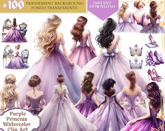 Purple Princess Clipart, lila Quinceañera Dress, watercolor clip art, Bridesmaid, Sweet Sixteen Dress, instant download commercial use