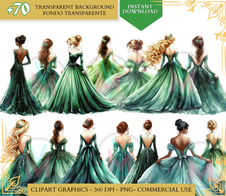 Green Quinceañera png Dress Green Princess Clipart watercolor clip art Bridesmaid Sweet Sixteen Dress quinceanera png clipart commercial use