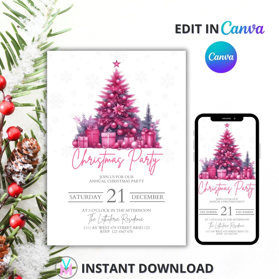 Pink Christmas Party Invitation, Holiday Party Invitation Template