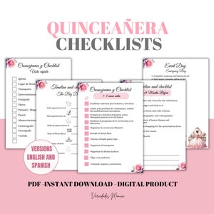 May include: A printable checklist for planning a Quinceañera celebration. The checklist is divided into sections for 1-3 months before the event, 18 months before, and the day of the event. The checklist includes tasks such as booking a venue, hiring a photographer, and choosing a dress.