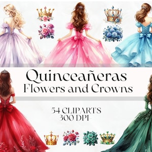 Fleurs et couronnes de QUINCEANERA, 54 cliparts aquarelles - Quince Años DIY Invitation Elements Quinceañera Celebration Ball Robe de princesse de bal