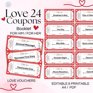 Printable Love Coupons Book for Her for Him, Customizable Valentines Day Coupon, Gift for him, Husband Gift, Anniversary Gift, Love Vouchers