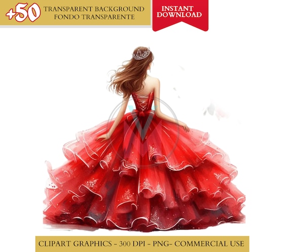 red dress graphic Red Quinceañera Dress Clipart, Watercolor Princess Gown PNG Red Bridesmaid  Dress for Wedding Invitations Mis 15 Años Graphics Commercial Use