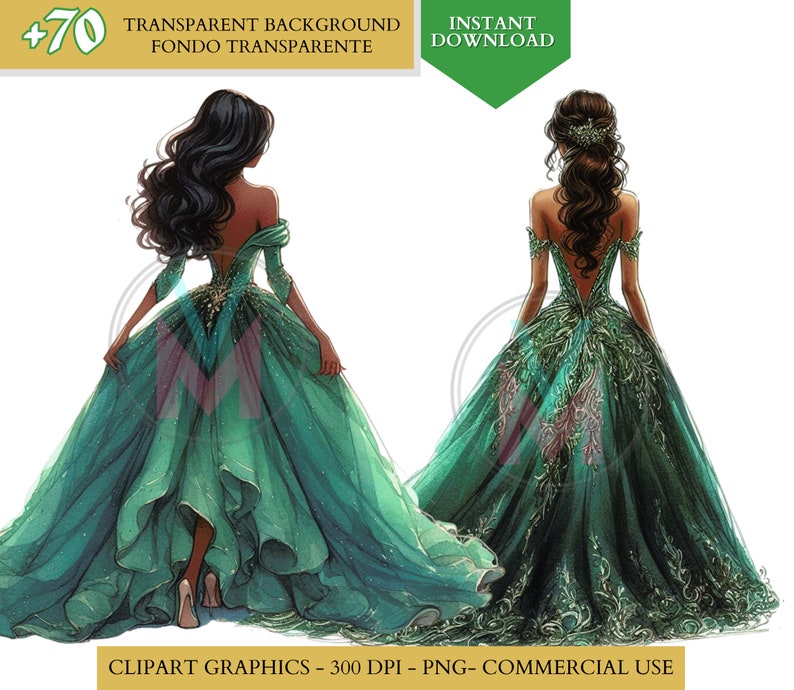 Green Quinceañera png Dress Green Princess Clipart watercolor clip art Bridesmaid Sweet Sixteen Dress quinceanera png clipart commercial use