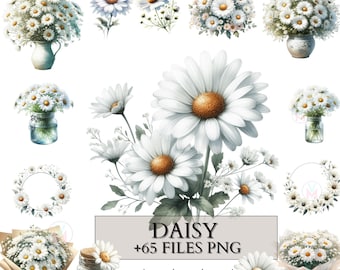Daisy clipart, 65 PNG files, flowerS clipart, daisy flowers clipart wildflower botanical summer flower, Daisy PNG Wedding bouqets watercolor