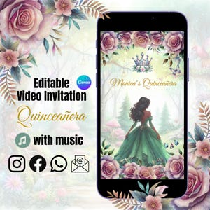 Quinceañera Video Invite Canva Quinceanera, Enchanted Forest Quince Invitation, EDITABLE Video Invitation, Animated Sage Dress Sweet 16th XV