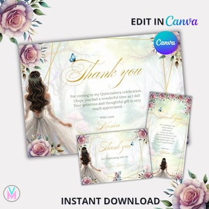 Modèle MODIFIABLE de carte de remerciement princesse de la forêt enchantée Quinceañera, Mis coings 15 XV 16e anniversaire imprimable instantanée, cadeaux, xv