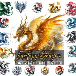 BUNDLE Dragons Watercolor Clipart, Fantasy Dragons PNG, Magical Fairytale Instant Download Paper Crafts Junk Journal, magical dragon png sub