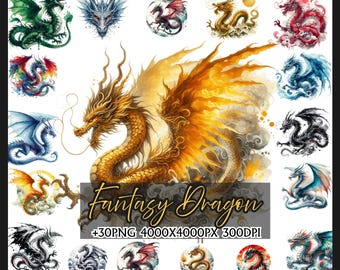 Paquete de imágenes prediseñadas de acuarela de dragones, dragones de fantasía PNG, cuento de hadas mágico, descarga instantánea, manualidades de papel, diario basura, dragón mágico PNG sub