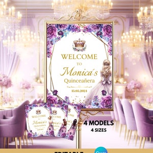 Quinceanera Welcome Sign, Princess Lilac Purple, Mis Quince Quinceañera Poster EDITABLE Template, Printable Instant Download sweet sixteen